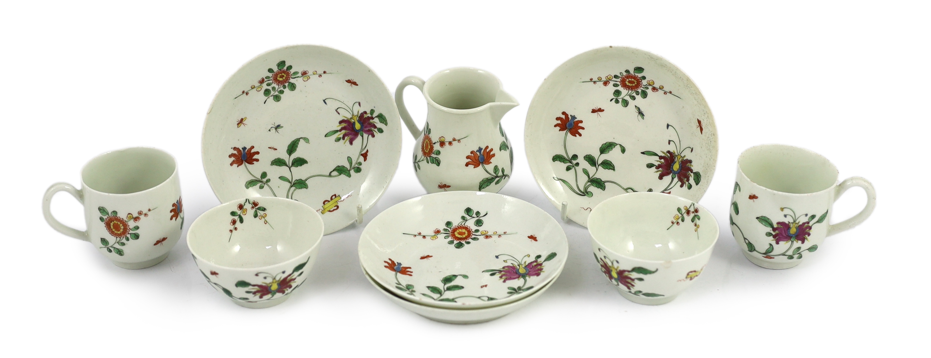 A Worcester ‘Honeysuckle’ pattern part tea and coffee set, c.1755-60, slight faults